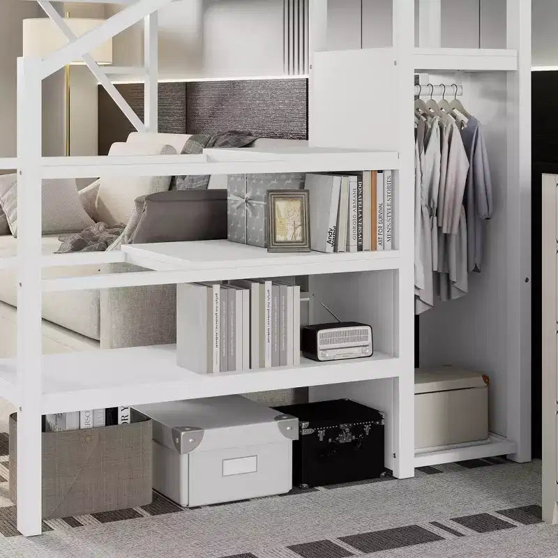 Lit mezzanine double XL en métal avec escalier, étagères de rangement et armoire