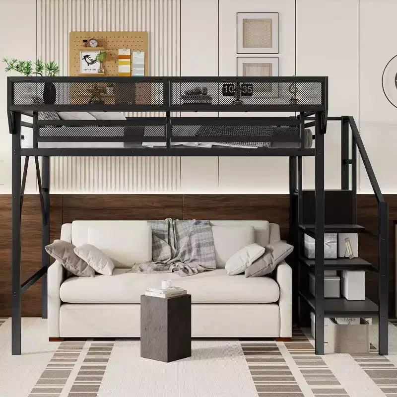 Lit mezzanine double XL en métal avec escalier, étagères de rangement et armoire
