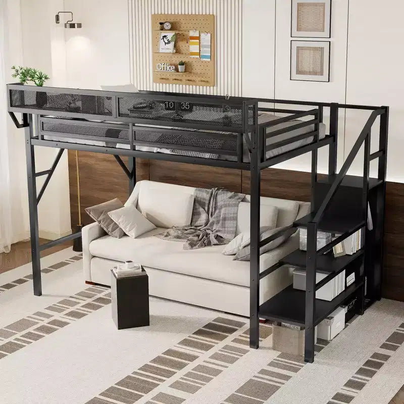Lit mezzanine double XL en métal avec escalier, étagères de rangement et armoire