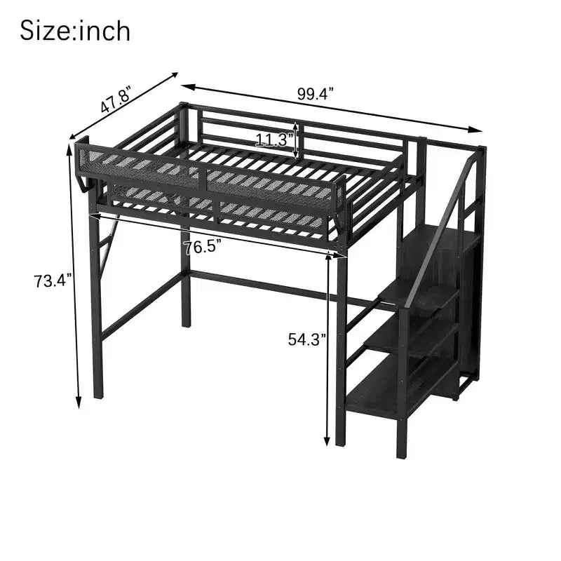Lit mezzanine double XL en métal avec escalier, étagères de rangement et armoire