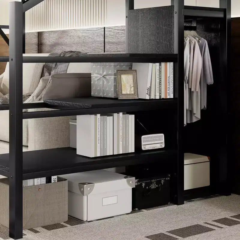Lit mezzanine double XL en métal avec escalier, étagères de rangement et armoire