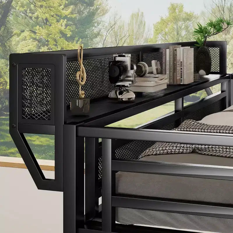 Lit mezzanine double XL en métal avec escalier, étagères de rangement et armoire