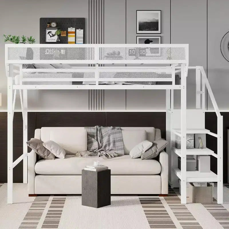 Lit mezzanine double XL en métal avec escalier, étagères de rangement et armoire