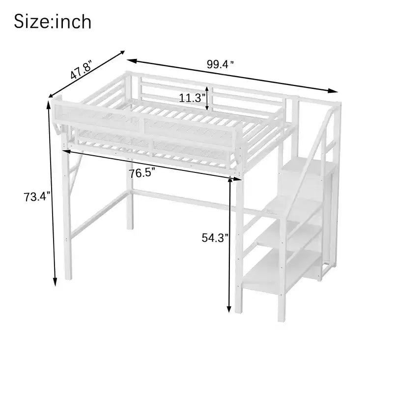 Lit mezzanine double XL en métal avec escalier, étagères de rangement et armoire