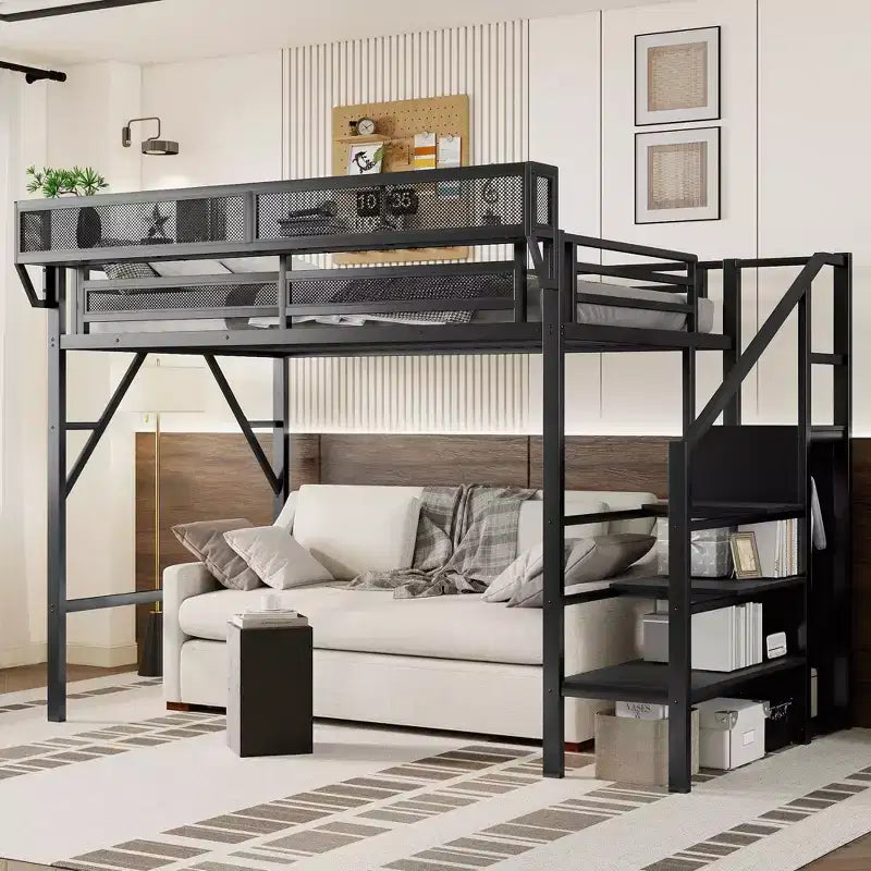 Lit mezzanine double XL en métal avec escalier, étagères de rangement et armoire