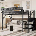 Lit mezzanine double XL en métal avec escalier, étagères de rangement et armoire