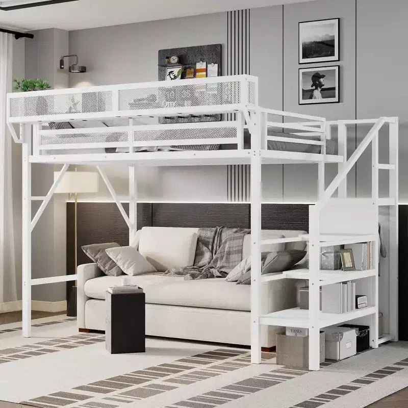White Twin XL Size Loft Bed with Stairs Metal Full Loft Bed with Storage Shelves and Wardrobe for Kids Teens