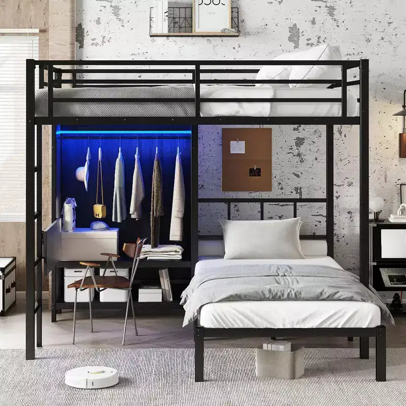Lit superposé métallique Full XL sur lit jumeau avec bureau pliable, placard avec LED, gain de place, noir