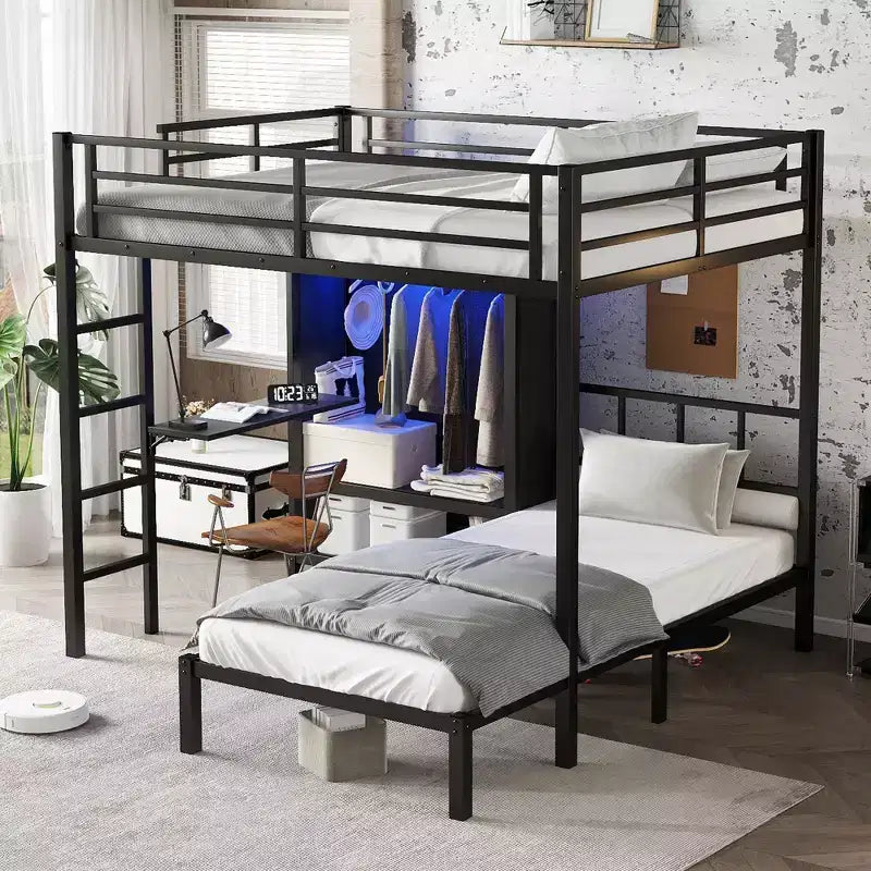 Lit superposé métallique Full XL sur lit jumeau avec bureau pliable, placard avec LED, gain de place, noir