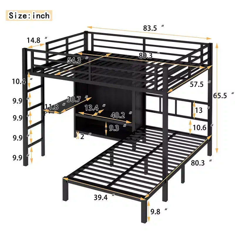 Lit superposé métallique Full XL sur lit jumeau avec bureau pliable, placard avec LED, gain de place, noir