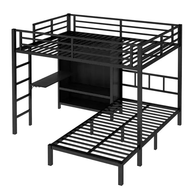Lit superposé métallique Full XL sur lit jumeau avec bureau pliable, placard avec LED, gain de place, noir