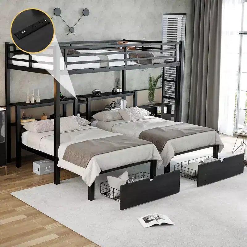 Full XL Over Twin & Twin Triple Bunk Bed with Drawers, Multi-functional Metal Frame Bed, Bed Head with Shelving and USB, Black