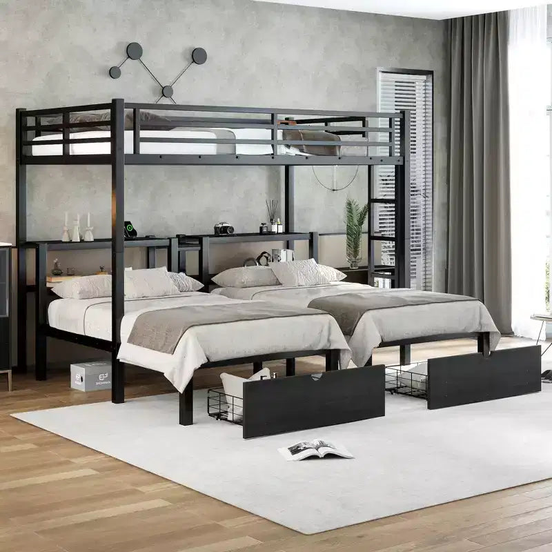Lit superposé triple avec tiroirs, cadre en métal, étagères et port USB, noir - XL pour le bas, jumeau pour le milieu et jumeau pour le haut