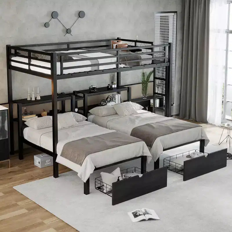 Lit superposé triple avec tiroirs, cadre en métal, étagères et port USB, noir - XL pour le bas, jumeau pour le milieu et jumeau pour le haut