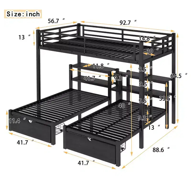 Lit superposé triple avec tiroirs, cadre en métal, étagères et port USB, noir - XL pour le bas, jumeau pour le milieu et jumeau pour le haut