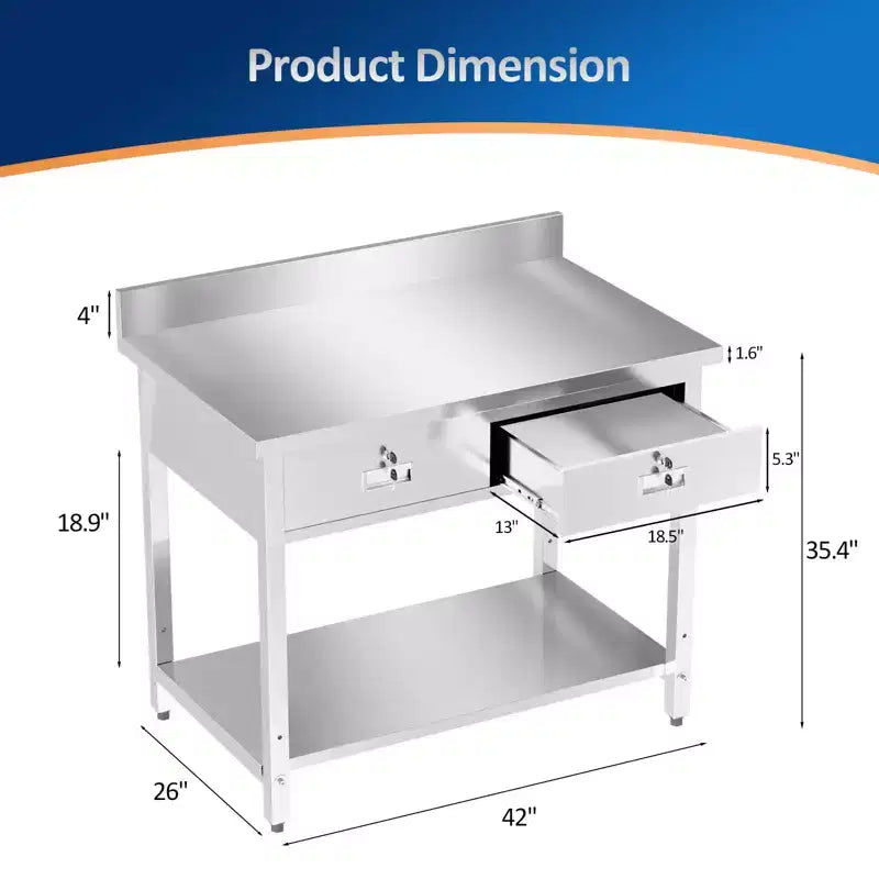 ROVSUN 42'' x 26'' Stainless Steel Table for Prep & Work with Drawer for Kitchen Restaurant
