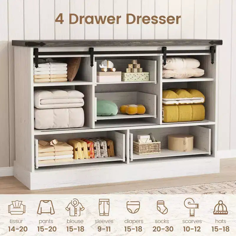 Commode à 4 tiroirs avec portes coulissantes façon grange et étagères réglables