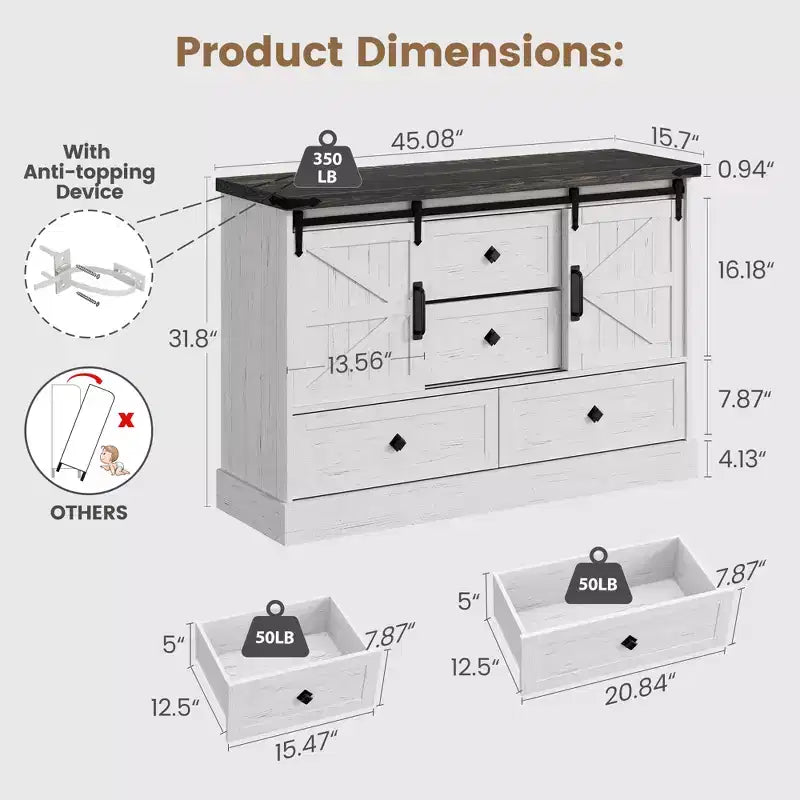 Commode à 4 tiroirs avec portes coulissantes façon grange et étagères réglables
