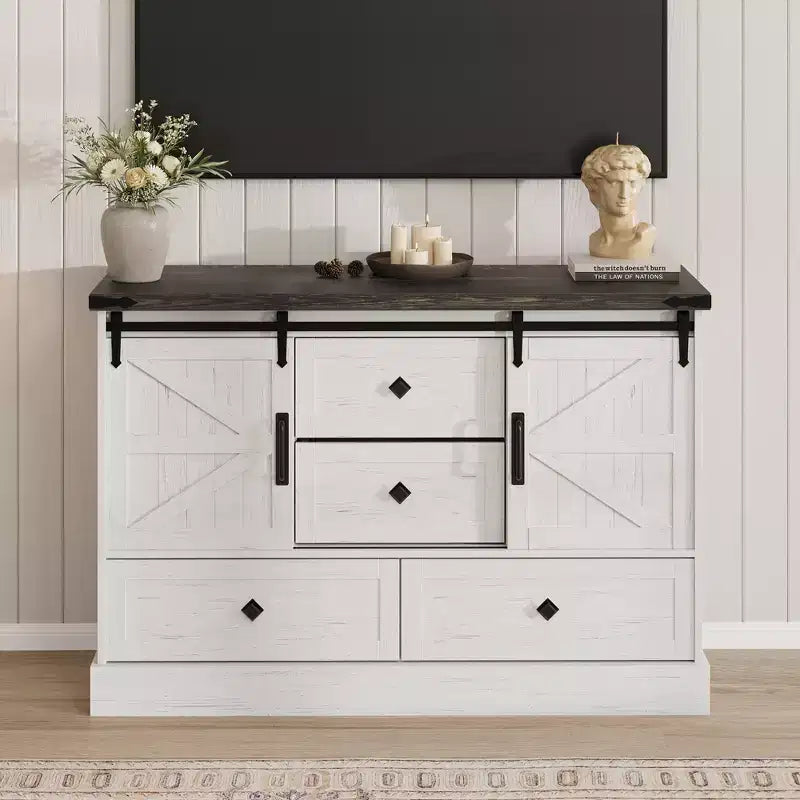 Commode à 4 tiroirs avec portes coulissantes façon grange et étagères réglables