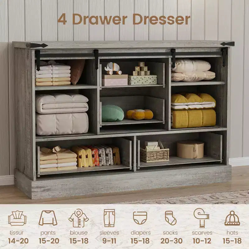 Commode à 4 tiroirs avec portes coulissantes façon grange et étagères réglables