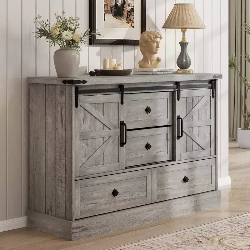Farmhouse 4 Drawer Dresser for Bedroom, with Large Drawers & Bar Handles,Sliding Barn Doors for Closet,Living Room