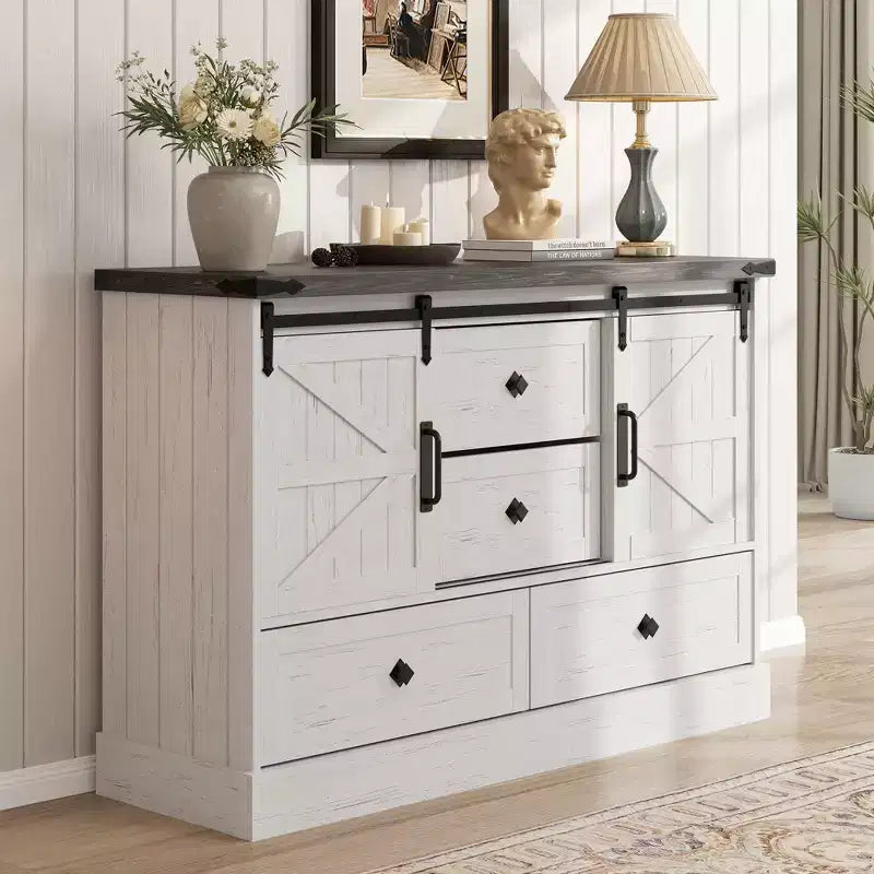 Commode à 4 tiroirs avec portes coulissantes façon grange et étagères réglables