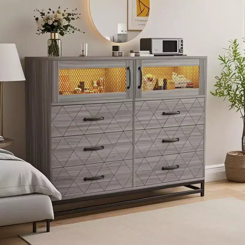 Modern 6 Drawer Dresser,LED Dresser with Charging Port, 6-Drawer Wood Chest with Open Shelf, Multifunctional Wide Storage Cabinet for Bedroom