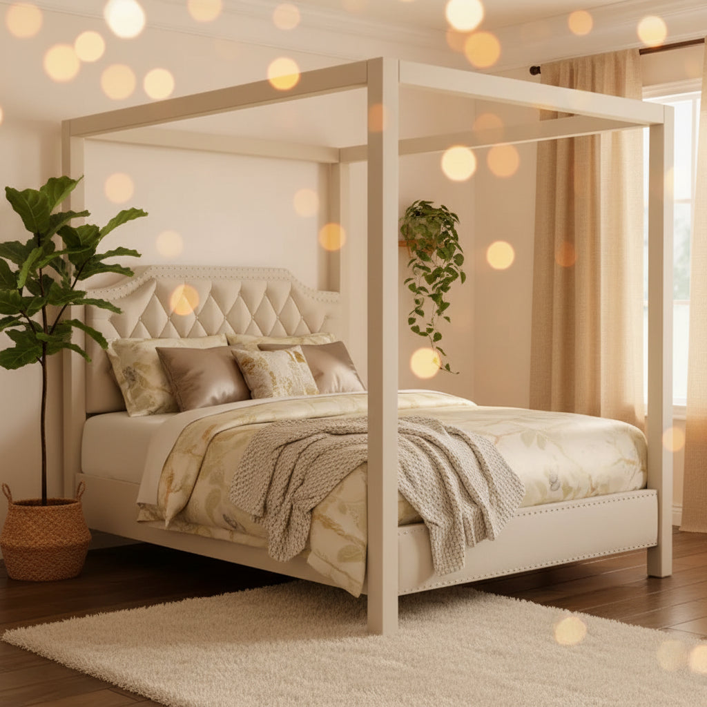 Queen Size Canopy Bed Frame with Poles 4 Corner Bed Bracket, Solid Wood Slats Support, No Box Spring Needed, Noise Free
