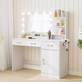Vanity Desk with Mirror, LED Lights and Power Outlet Makeup Table with 3 Drawers and Storage Shelves Dressing Table for Bedroom Dressing Room