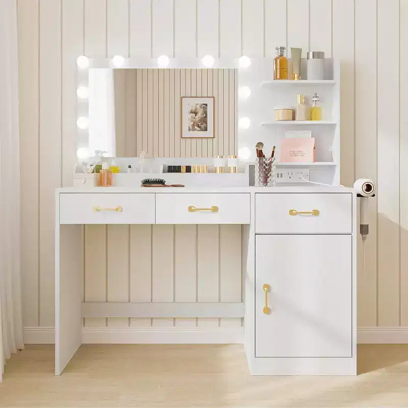 Coiffeuse avec miroir, lumières LED et prise de courant – 3 tiroirs et étagères de rangement
