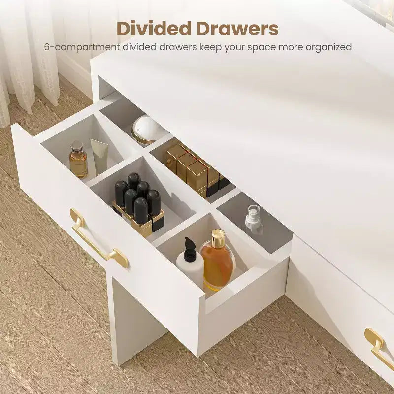 Coiffeuse avec miroir, lumières LED et prise de courant – 3 tiroirs et étagères de rangement
