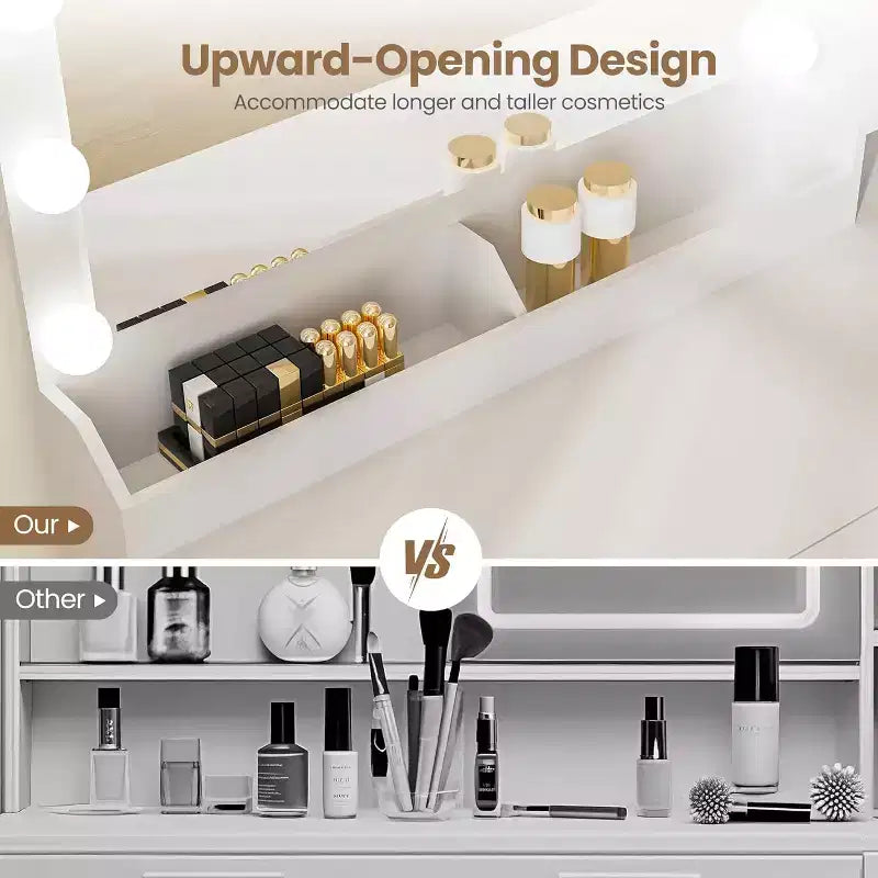 Coiffeuse avec miroir, lumières LED et prise de courant – 3 tiroirs et étagères de rangement