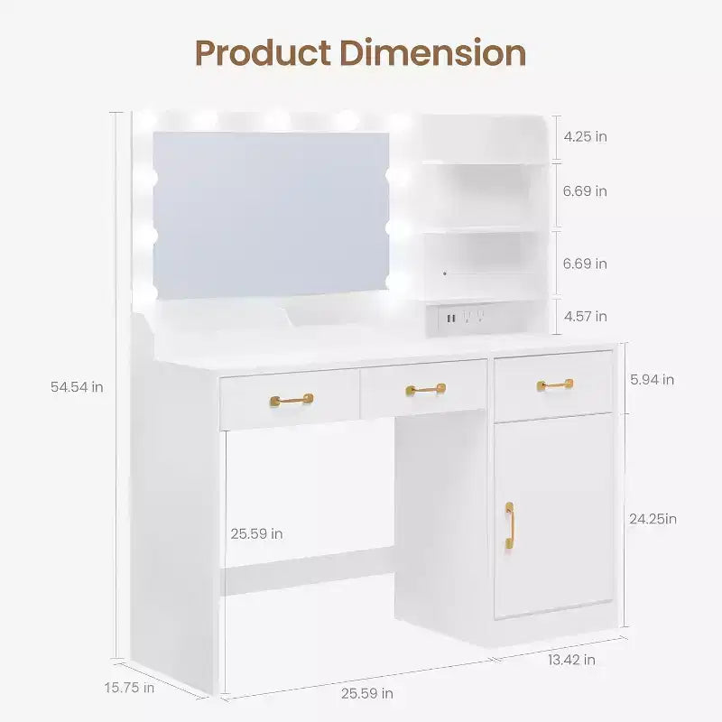 Coiffeuse avec miroir, lumières LED et prise de courant – 3 tiroirs et étagères de rangement