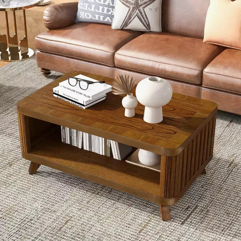 Zeus & Ruta 41.5'' Rectangular Wood Coffee Table with Solid Wood Legs and Open Storage Shelf for Living Room, Easy Assembly, Walnut
