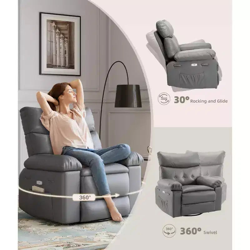Fauteuil inclinable électrique 360° avec fonction pivotante, bascule, chauffage et massage, en cuir PU