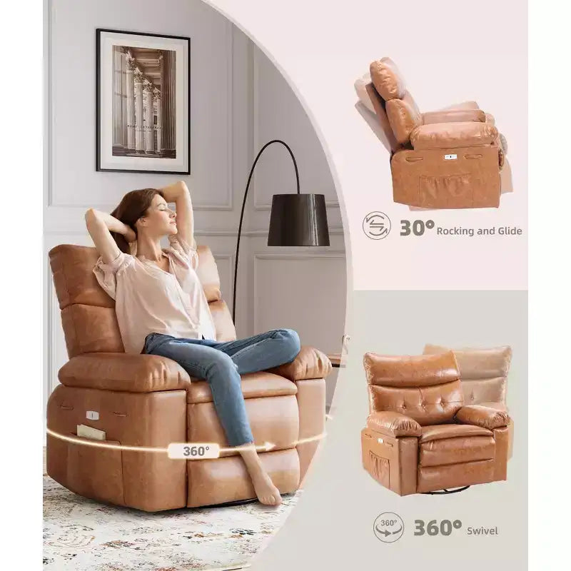Fauteuil inclinable électrique 360° avec fonction pivotante, bascule, chauffage et massage, en cuir PU