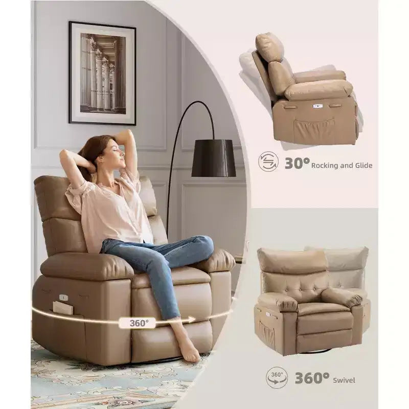 Fauteuil inclinable électrique 360° avec fonction pivotante, bascule, chauffage et massage, en cuir PU