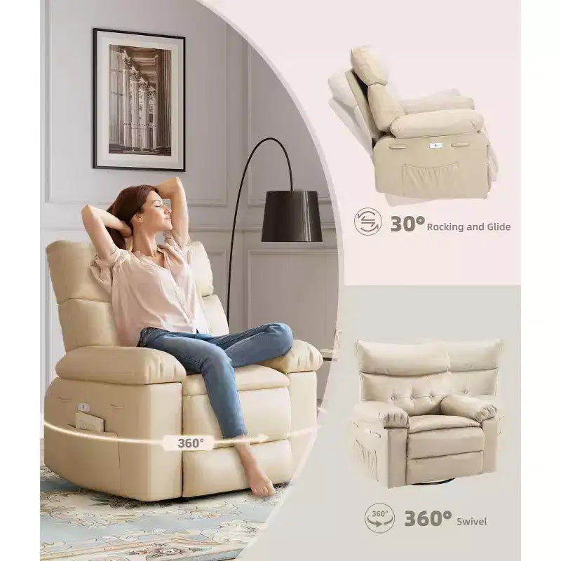 Fauteuil inclinable électrique 360° avec fonction pivotante, bascule, chauffage et massage, en cuir PU