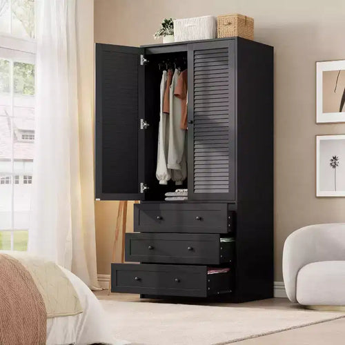 Armoire Wardrobe with Hanging Rod and Drawers, 2-Door Tall Wood Storage Cabinet for Bedroom Organization, Natural Finish