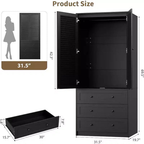 Armoire de rangement 2 portes avec tringle de penderie et tiroirs, Grande armoire de rangement en bois pour chambre à coucher