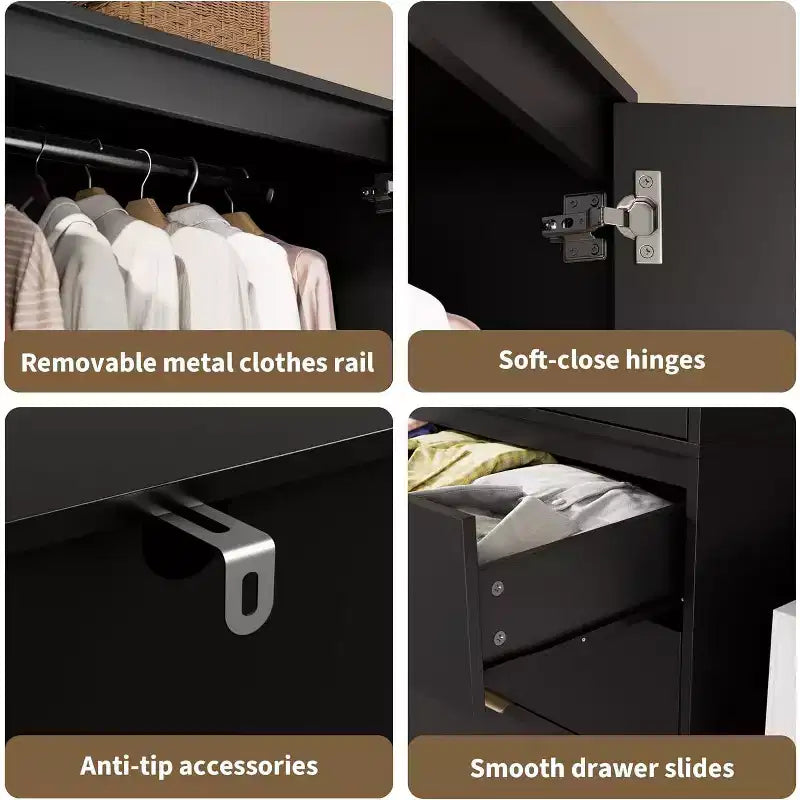 Armoire de rangement 2 portes avec tringle de penderie et tiroirs, Grande armoire de rangement en bois pour chambre à coucher