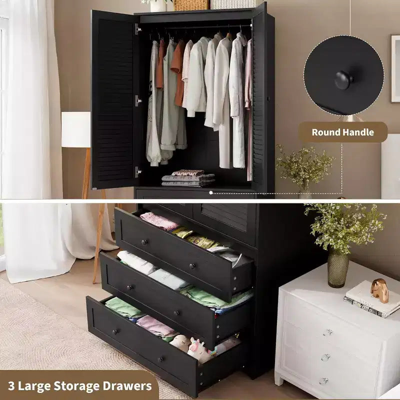 Armoire de rangement 2 portes avec tringle de penderie et tiroirs, Grande armoire de rangement en bois pour chambre à coucher