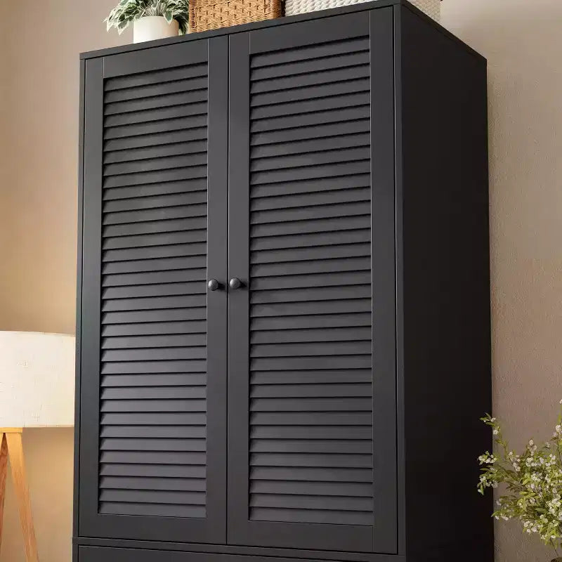 Armoire de rangement 2 portes avec tringle de penderie et tiroirs, Grande armoire de rangement en bois pour chambre à coucher