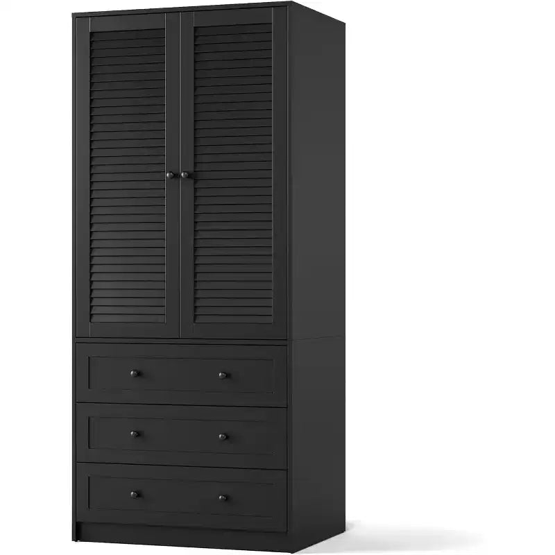 Armoire de rangement 2 portes avec tringle de penderie et tiroirs, Grande armoire de rangement en bois pour chambre à coucher