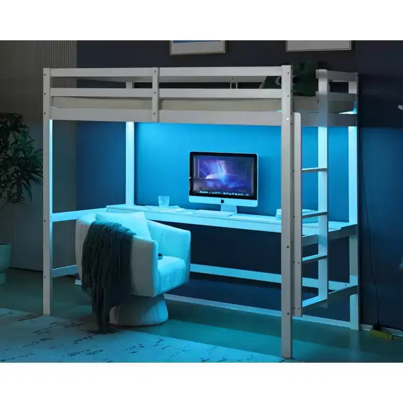 VINGLI Loft Bed with Desk, Wood Bunk Bed Twin Size with RGB LED for Adults, 2 Charging Station on High Guardrail and Desk,Wood Slat Support, White