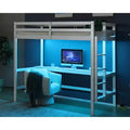 VINGLI Loft Bed with Desk, Wood Bunk Bed Twin Size with RGB LED for Adults, 2 Charging Station on High Guardrail and Desk,Wood Slat Support, White
