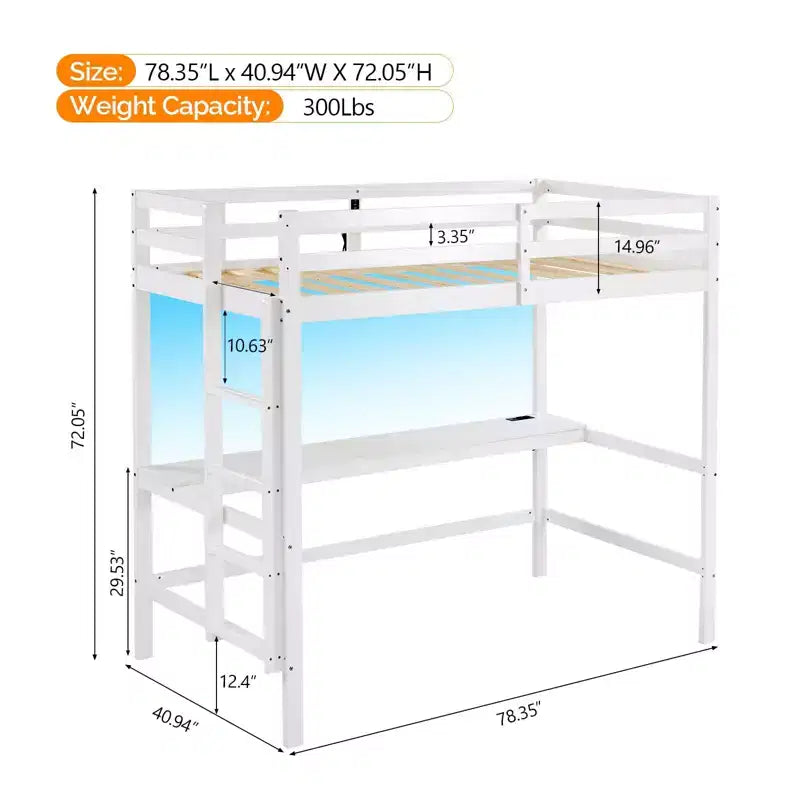 Lit mezzanine avec bureau, lit superposé double en bois avec LED RGB pour adultes, 2 stations de charge sur la balustrade haute, support à lattes en bois, blanc