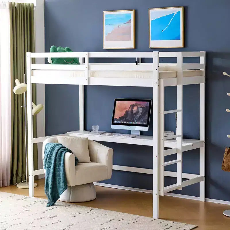 Lit mezzanine avec bureau, lit superposé double en bois avec LED RGB pour adultes, 2 stations de charge sur la balustrade haute, support à lattes en bois, blanc