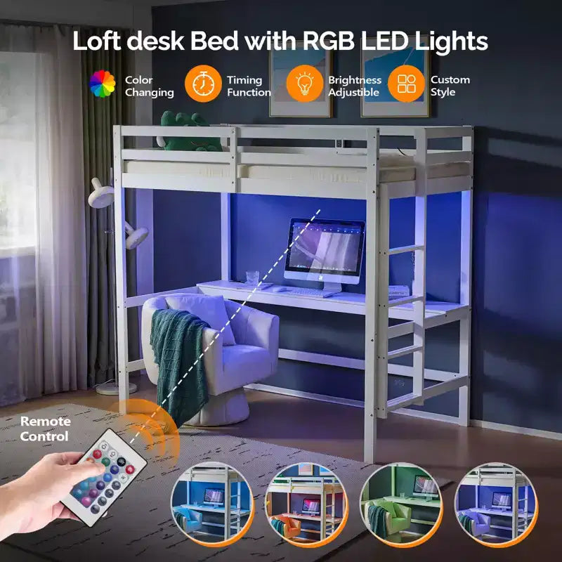 Lit mezzanine avec bureau, lit superposé double en bois avec LED RGB pour adultes, 2 stations de charge sur la balustrade haute, support à lattes en bois, blanc