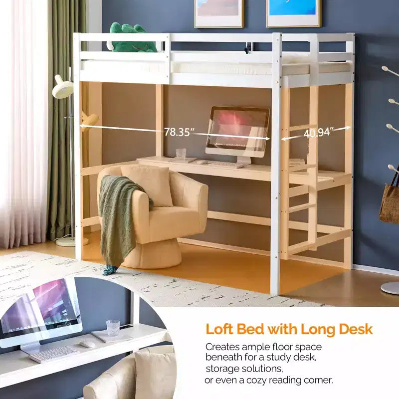 Lit mezzanine avec bureau, lit superposé double en bois avec LED RGB pour adultes, 2 stations de charge sur la balustrade haute, support à lattes en bois, blanc